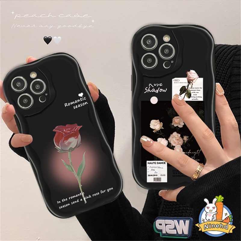 IPHONE Art Rose Flower Splicing Label Phone Case Kompatibel Untuk Iphone14 13 12 11 Pro Max X Xr Xs Max 8 7 6 6s Plus SE 2020hitam Silikon Shockproof Bumper Tepi Melengkung Soft Case Cover