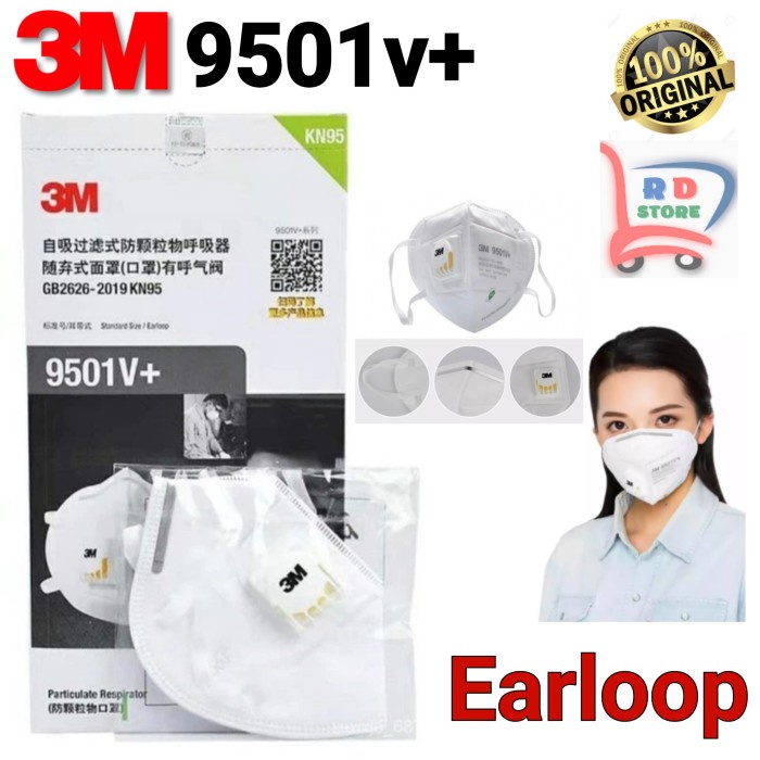 Masker 3M 9501v+ KN95 N95 Earloop Respirator Original 100% Box 25 Pcs
