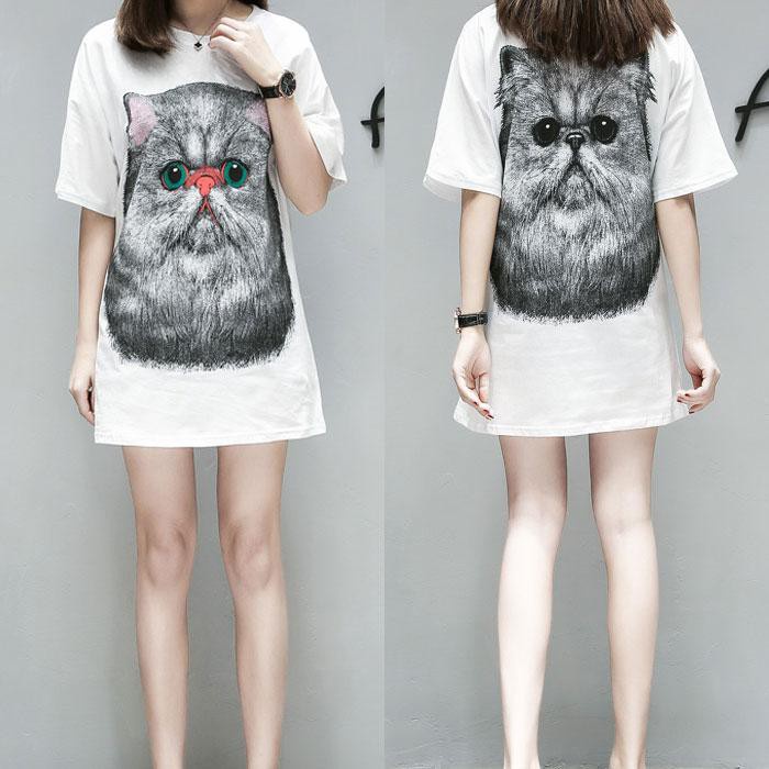 Dress Wanita Kaos Putih Kucing Hitam Lengan Pendek Jumbo 51191