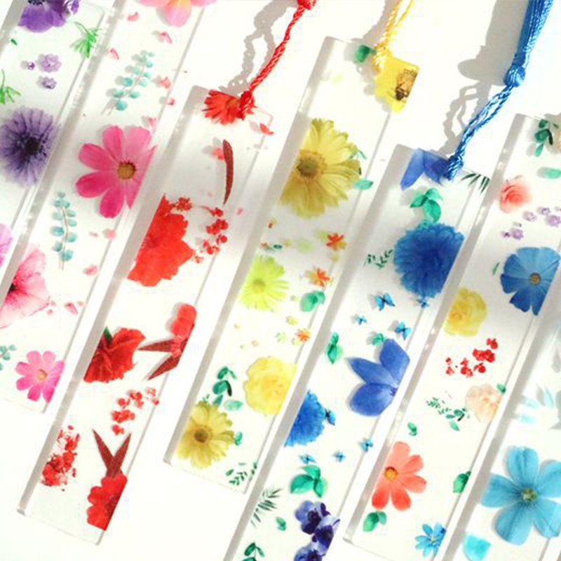 Seri Bunga Kreatif Transparan Akrilik Bookmark Siswa Buku Bunga Portable Dengan Jumbai