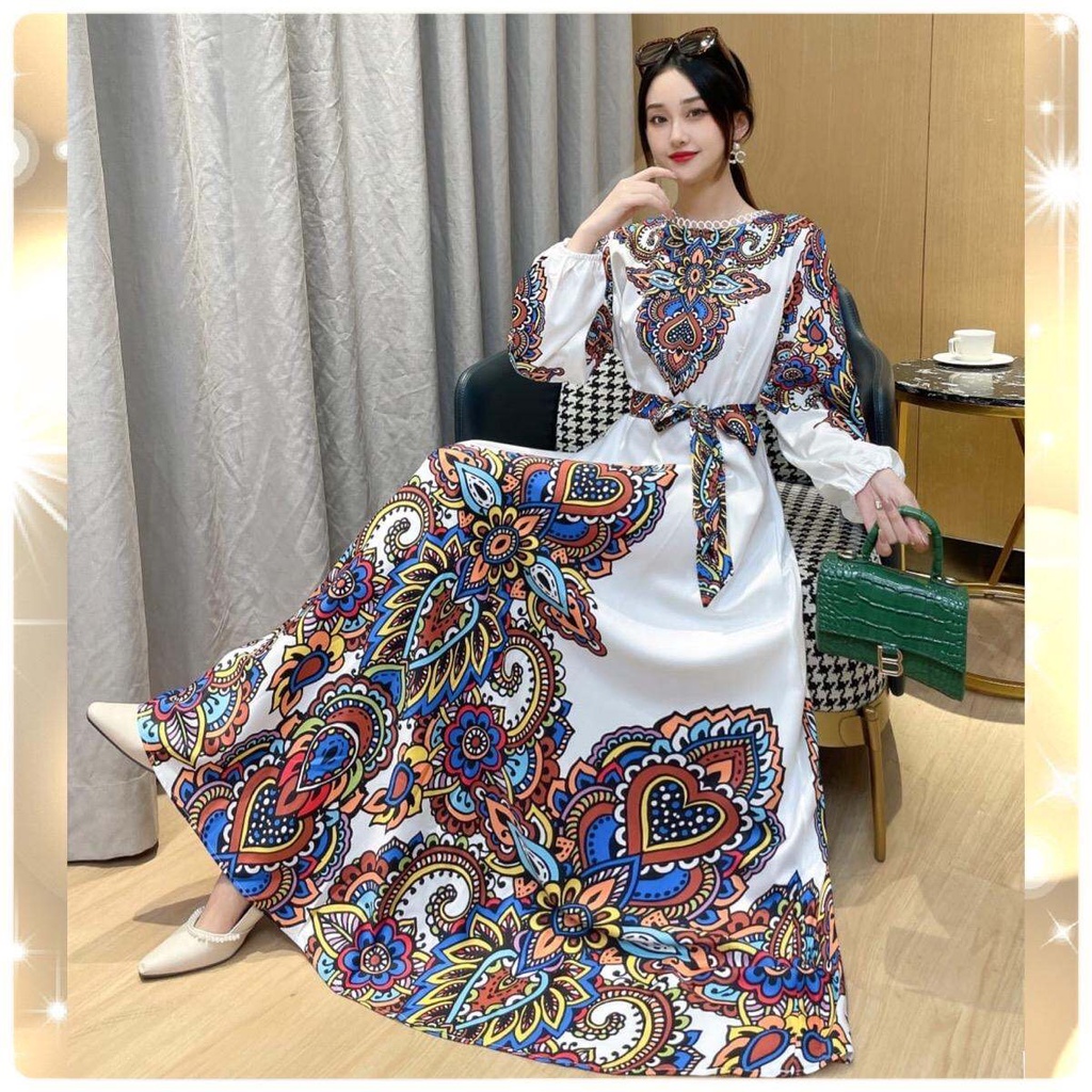 DRESS GAMIS WANITA MAXI ESTILO PUTIH RAINBOW IMPORT BKK BANGKOK
