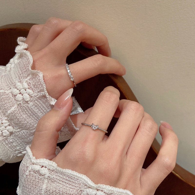 Papaozhu Chic Perak Bersinar Manik-Manik Kristal Cinta Hati Cincin Untuk Wanita Perempuan Mewah Berkilauan Peach Jari Manset Rings Engagement Finger Accessories