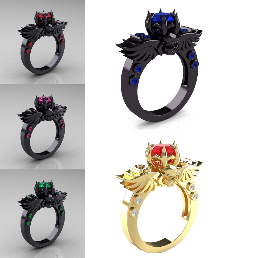 Goldkingdom Aksesoris Perhiasan Fashion Ready Stock Cincin Tengkorak Berlapis Dengan Cincin Permata Emas Dan Merah Perhiasan Gaya Punk.