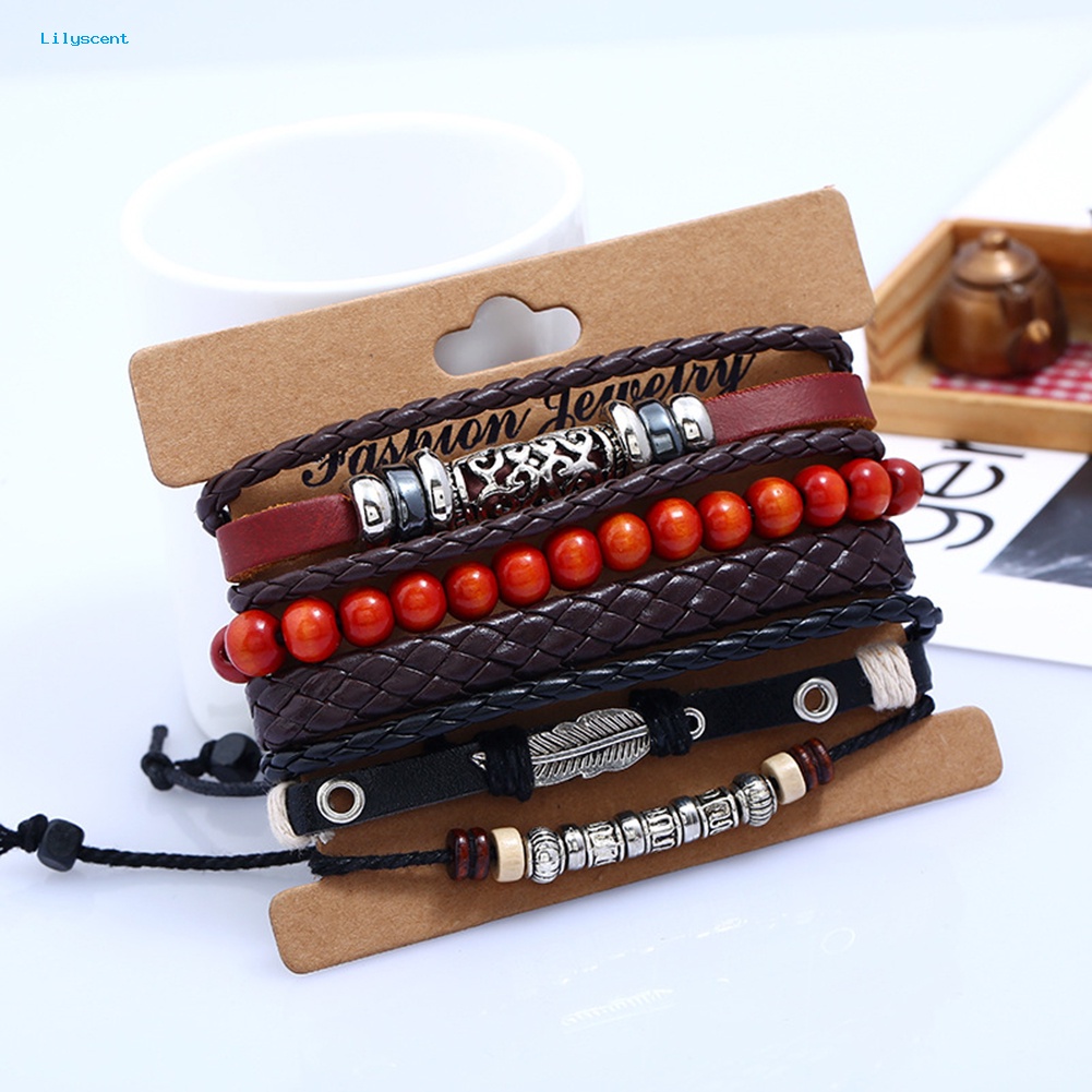 Lilyscent 4pcs Retro Punk Pria Manik-Manik Kulit Imitasi Kepang Multi Lapisan Gelang Yang Dapat Disesuaikan