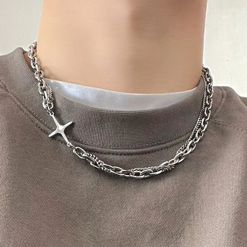 Aksesoris Perhiasan Hip Hop Punk Double Layer Rantai Kalung Choker Kalung Pesona Kalung Kepribadian Pria Anti Karat Kalung Salib Wanita Populer