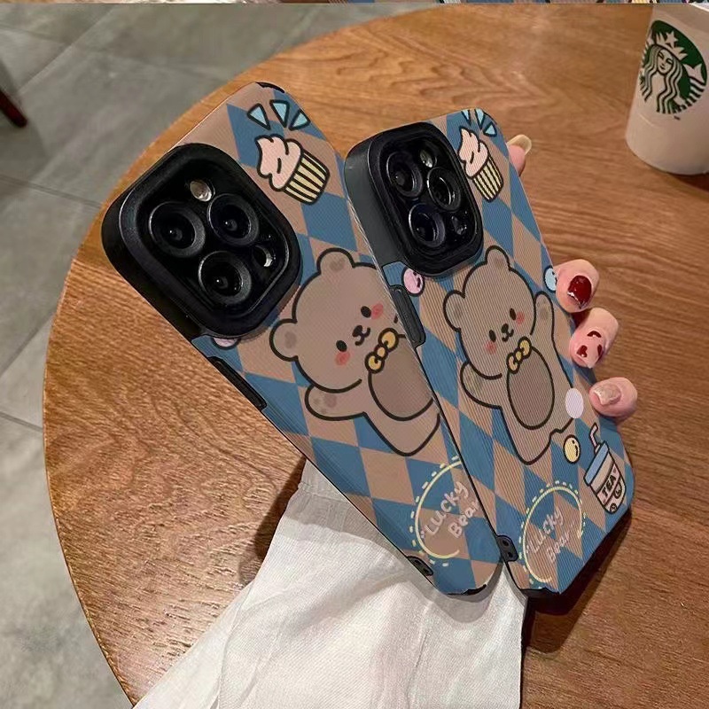 [Kulit Domba] Soft Case Kulit Untuk IPhone 6S 7plus 8plus X XS XR XS Max 11 13 12 14 PRO Max 14 Plus 12 13 Mini Ins Fashion Lucu Belah Ketupat Beruang