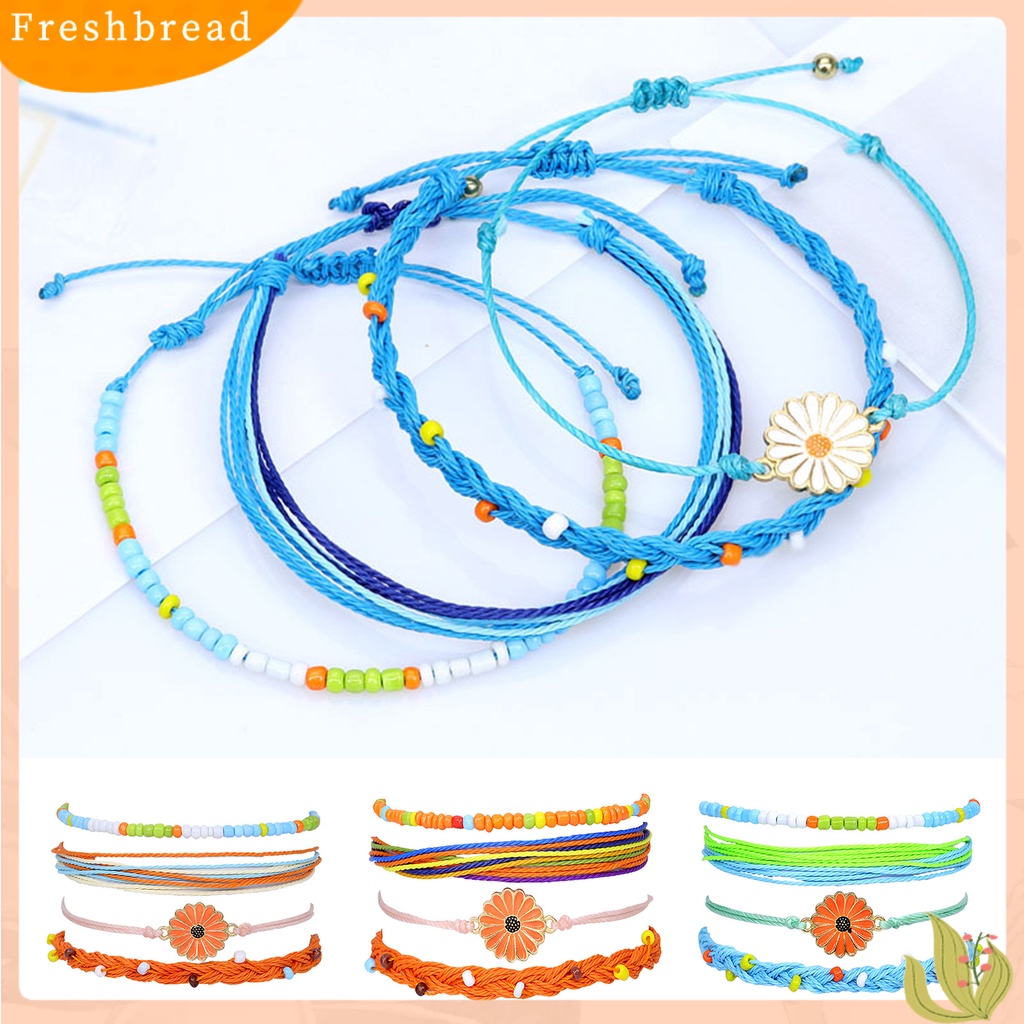 &lt; Freshbread &gt; 4Pcs Wanita Gelang Gaya Bohemian Paduan Tahan Air Tenun Tangan Gelang Braided Bangle Dengan Liontin Set Hadiah Ulang Tahun