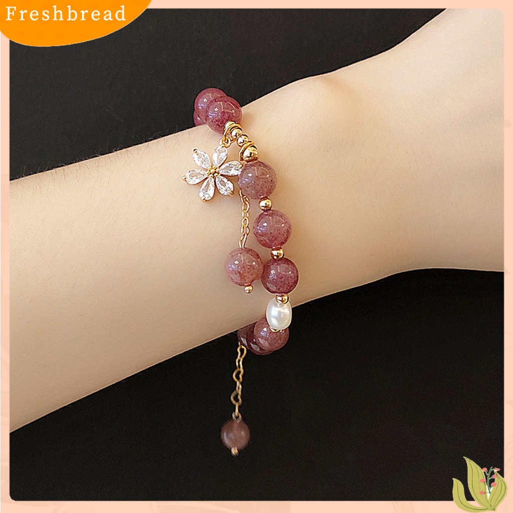 &lt; Freshbread &gt; Wanita Gelang Manik-Manik Manis Mutiara Imitasi Bunga Cubic Zirconia Hadiah Hias Pink Faux Kristal Manik-Manik Bangle Perhiasan Aksesori Busana