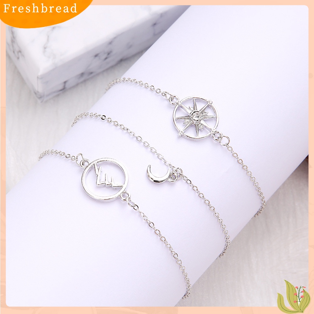 &lt; Freshbread &gt; 3Pcs Boho Multilayer Wanita Berongga Kompas/Gunung/Bulan Pesona Gelang Rantai