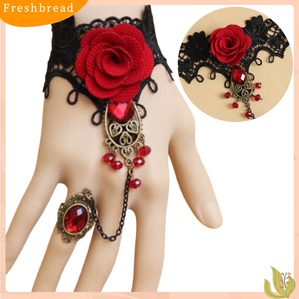 &lt; Freshbread &gt; Rose Decor Black Lace Cincin Gelang Wanita Permata Imitasi Mutiara Imitasi Cincin Tangan Rantai Perhiasan Aksesori