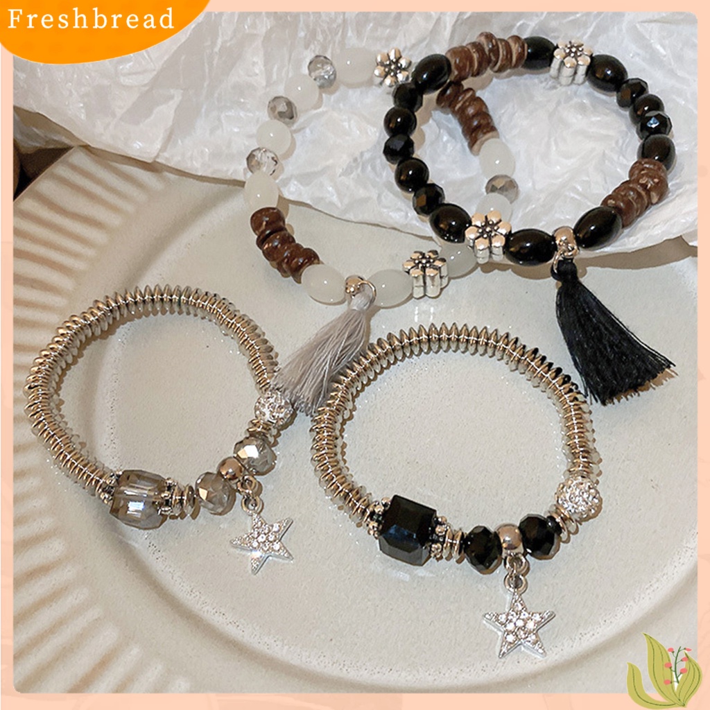 &lt; Freshbread &gt; 2Pcs/Set Couple Gelang Gaya Etnik Manik-Manik Elastis Berlian Imitasi Bintang Liontin Hadiah Elegan Adjustable Kristal Imitasi Jumbai Pria Gelang Fashion Perhiasan