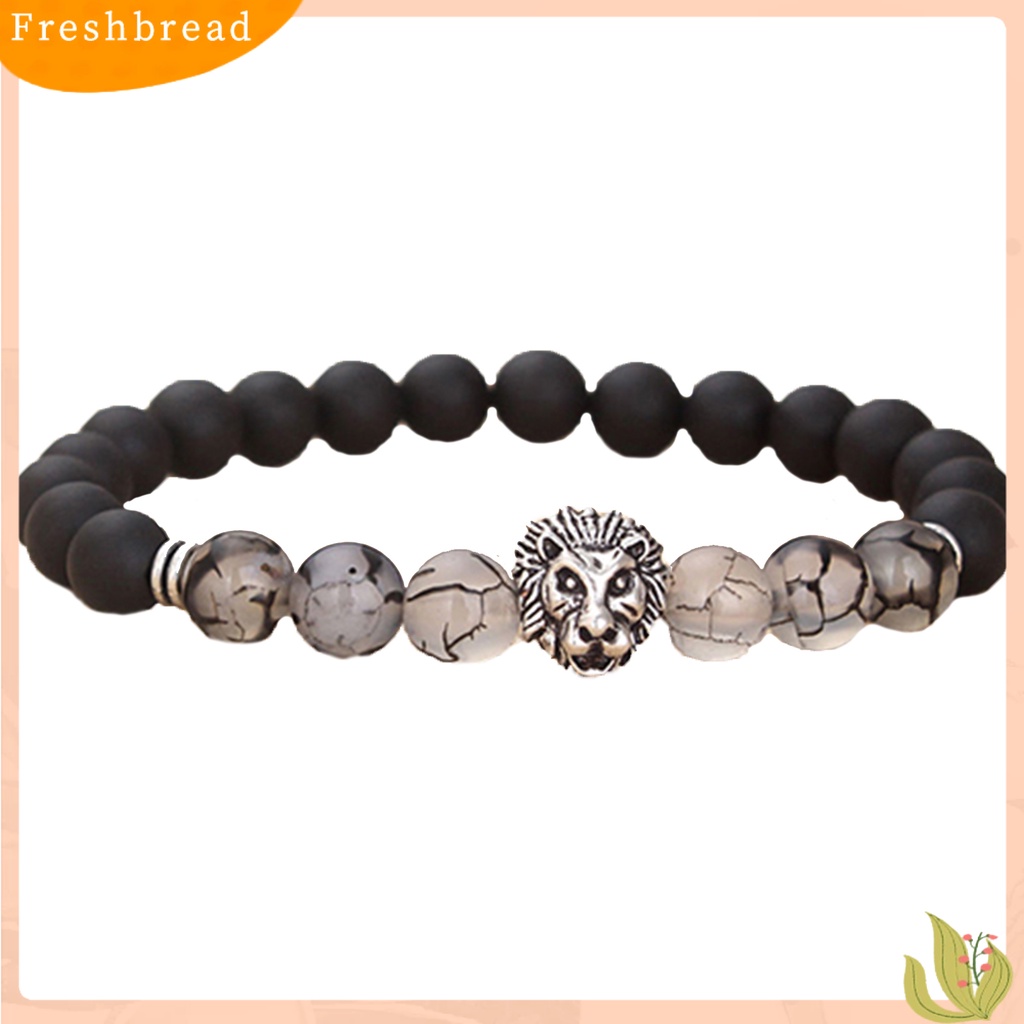 &lt; Freshbread &gt; Charm Gelang Elastis Adjustable Frosted Stone Silver Lion Beaded Cuff Bracelet Untuk Pakaian Sehari-Hari