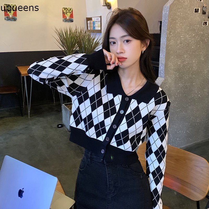 Kardigan Kotak-kotak Hitam Rajut Lengan Panjang Gaya Korea