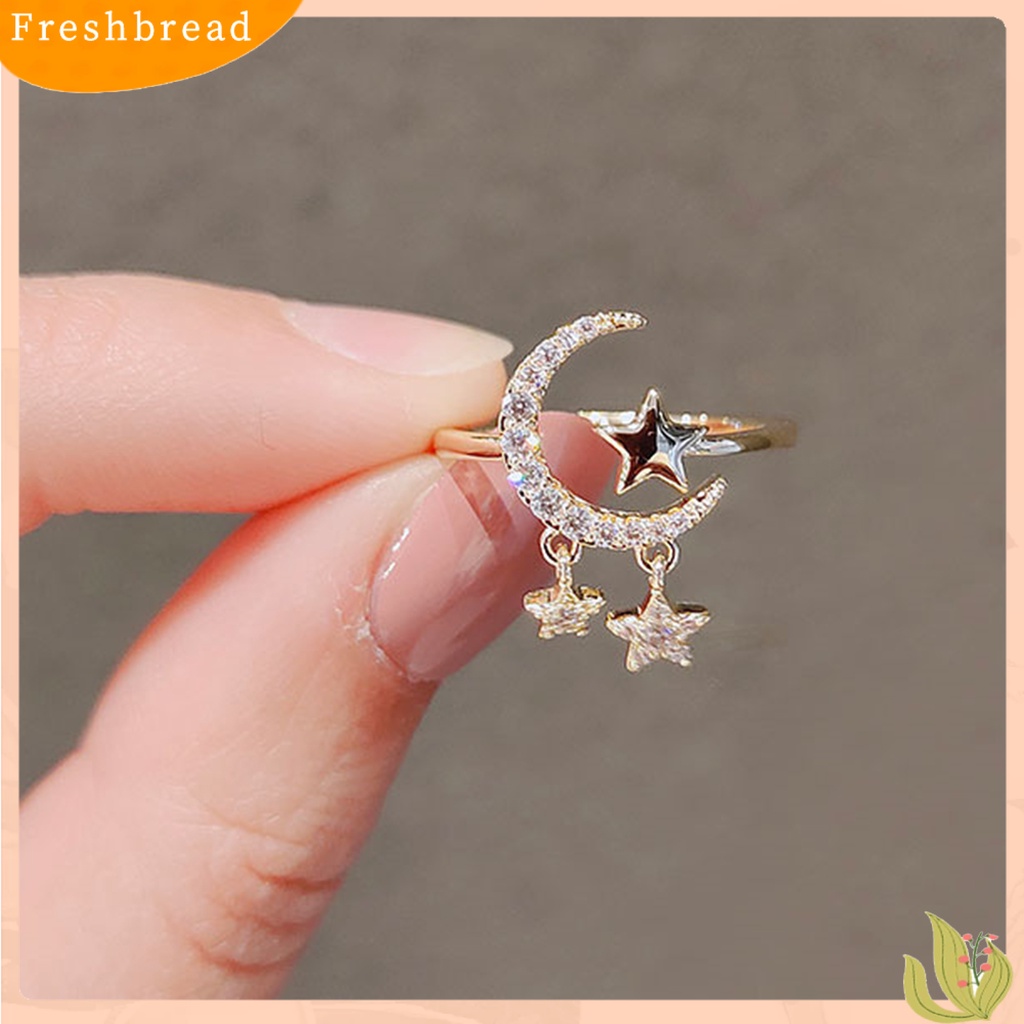 &lt; Freshbread &gt; Wanita Cincin Berlian Imitasi Mengkilap Stainless Pembukaan Bulan Dan Bintang Knuckle Ring Perhiasan Pengantin Wanita