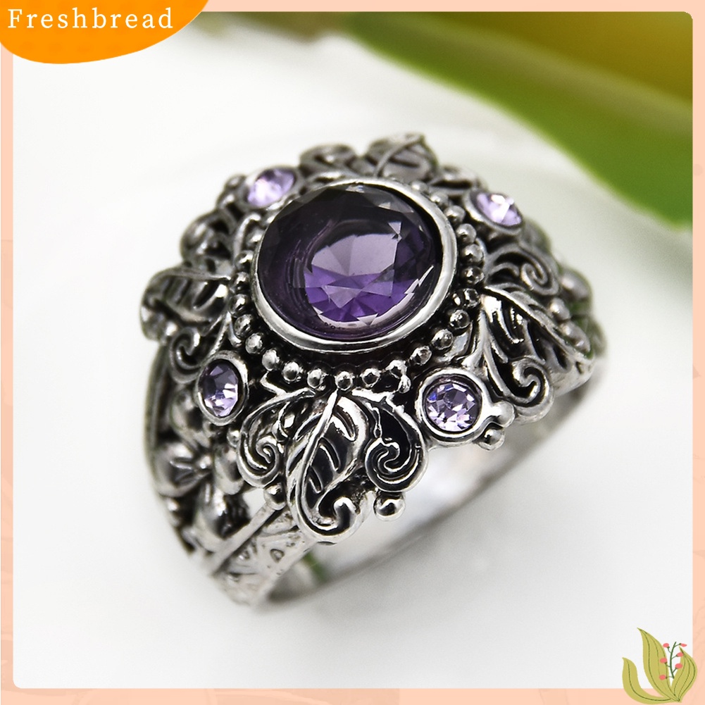 &lt; Freshbread &gt; Vintage Bulat Faux Amethyst Hias Ukir Bunga Wanita Jari Cincin Perhiasan Hadiah