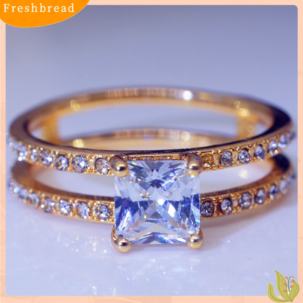 &lt; Freshbread &gt; Wanita Cincin Lapisan Ganda Persegi Berlian Imitasi Perhiasan Fashion Penampilan Indah Jari Cincin Untuk Pernikahan