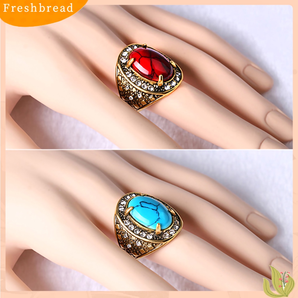 &lt; Freshbread &gt; Cincin Unisex Turquoise Hias Berlian Imitasi Retro Pria Wanita Perhiasan Cincin Untuk Pesta