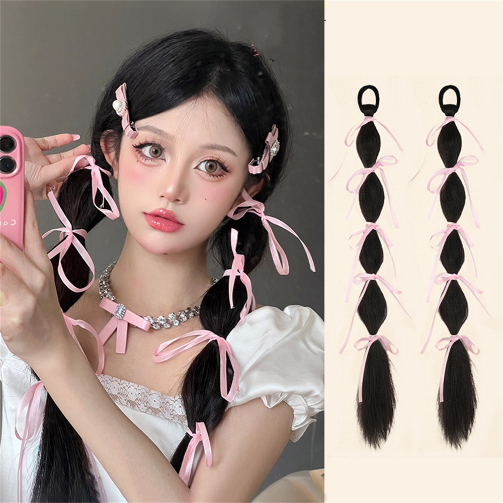 1 Pc Natural Bow Ribbon Wig Kepang Wanita Gadis Gelembung Ponytail Rambut Imitasi Wig Aksesoris