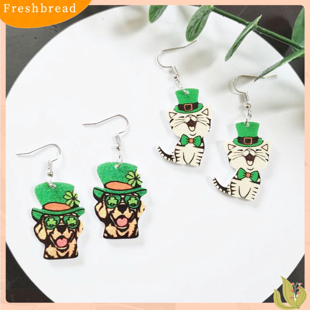 &lt; Freshbread &gt; 1pasang Anting Kait Kayu Dua Sisi Shamrock Clover Lucu Irish Green Hat Dog Menjuntai Earrings Saint Patrick's Day Supplies