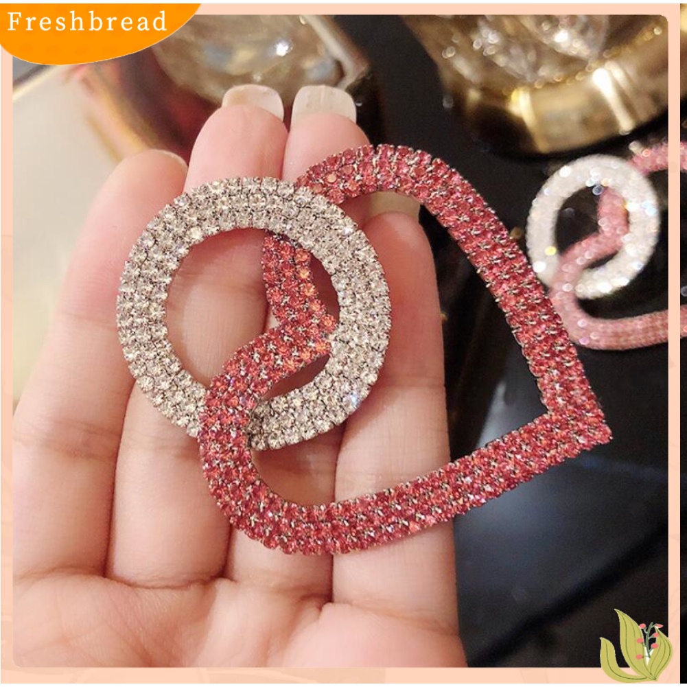 &lt; Freshbread &gt; Wanita Berlian Imitasi Hias Hati Bulat Menjuntai Telinga Stud Anting Pesta Perhiasan Hadiah