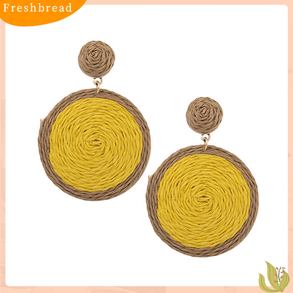 &lt; Freshbread &gt; 1pasang Anting Menjuntai Anyaman Rotan Warna Cerah Bulat Wanita Drop Earrings Aksesoris Perhiasan Untuk Liburan