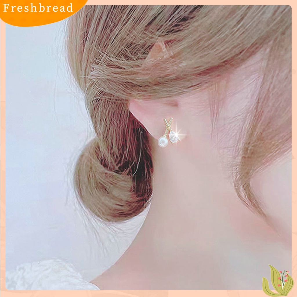 &lt; Freshbread &gt; 1pasang Ear Studs X Shaped Shining French Style Rhinestone Hias Dekorasi High Gloss Tidak Teratur Faux Zircon Pearl Women Earrings Untuk Pesta