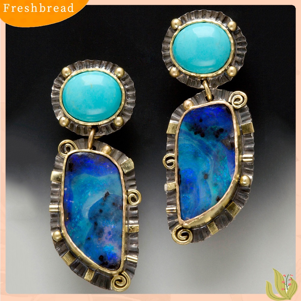 &lt; Freshbread &gt; Vintage Wanita Faux Turquoise Hias Geometris Menjuntai Telinga Stud Anting Perhiasan