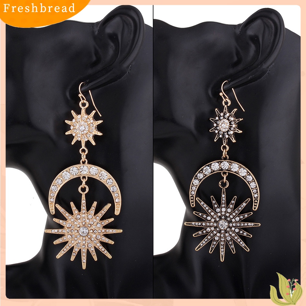 &lt; Freshbread &gt; Mewah Matahari Bulan Drop Anting-Anting Berlian Imitasi Mengkilap Ear Hook Boho Statement Jewelry