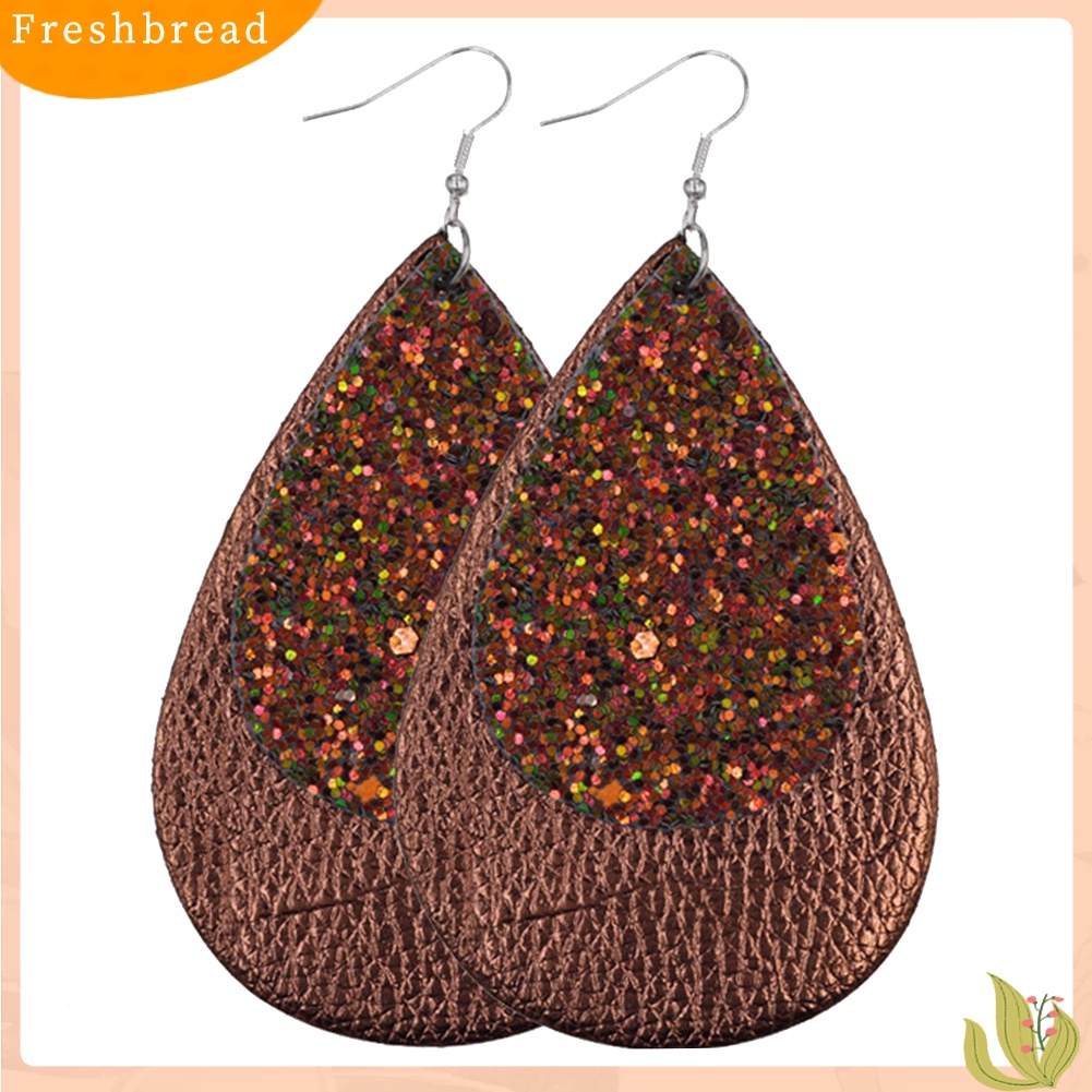 &lt; Freshbread &gt; Glitter Sequin Teardrop Kulit Imitasi Drop Menjuntai Pernyataan Wanita Anting Kait