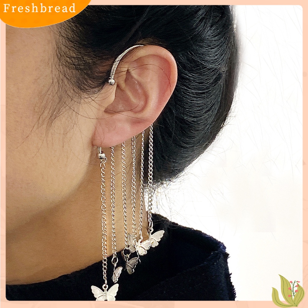 &lt; Freshbread &gt; 1pc Lady Earrings Tanpa Tindik High-end Berlian Imitasi Mengkilap Panjang Rumbai Bentuk Kupu-Kupu Menjuntai Anting-Anting Wanita Perhiasan