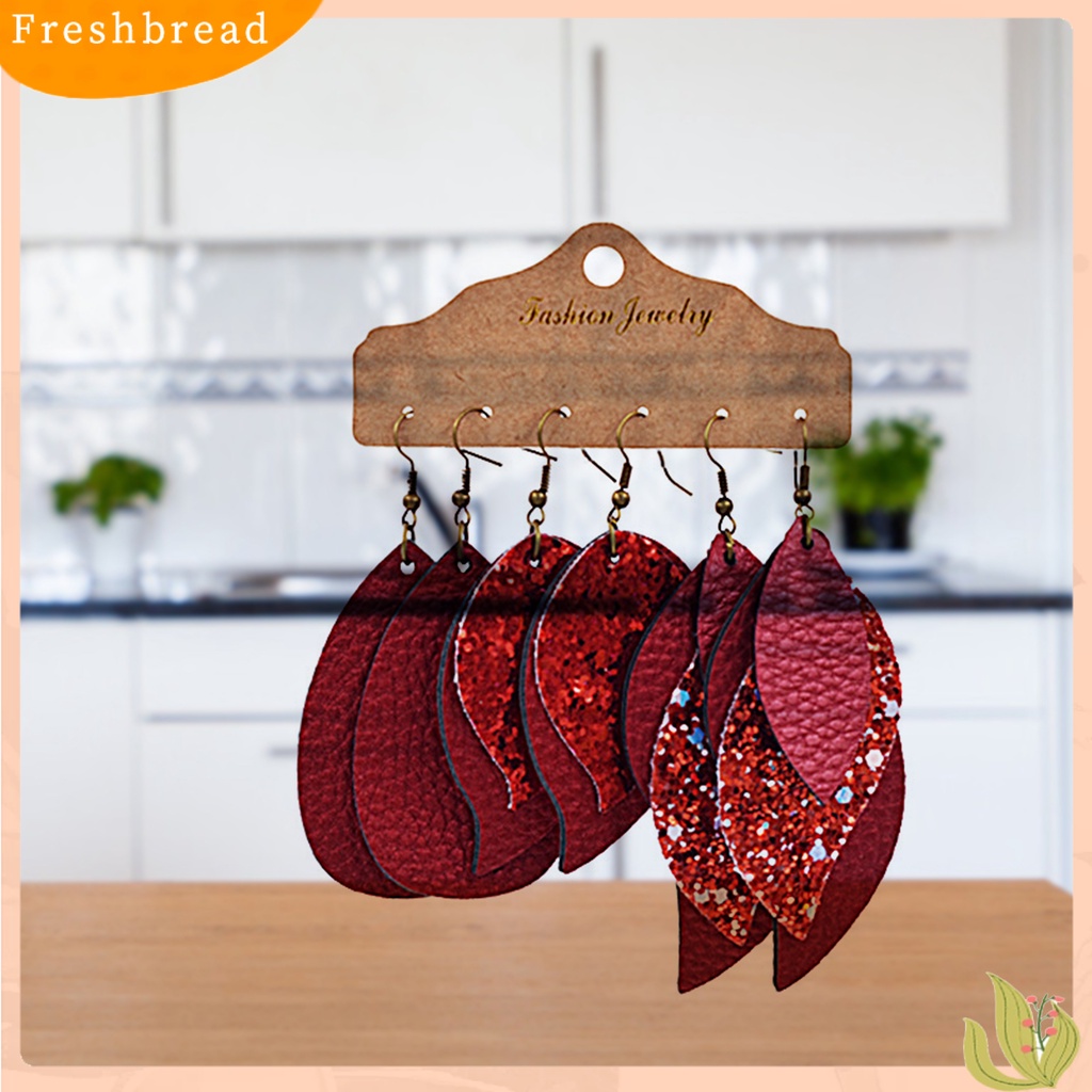 < Freshbread > 3pasang Anting Daun Shuning Juntai Bahan Kulit Imitasi Wanita Eardrops Untuk Pernikahan