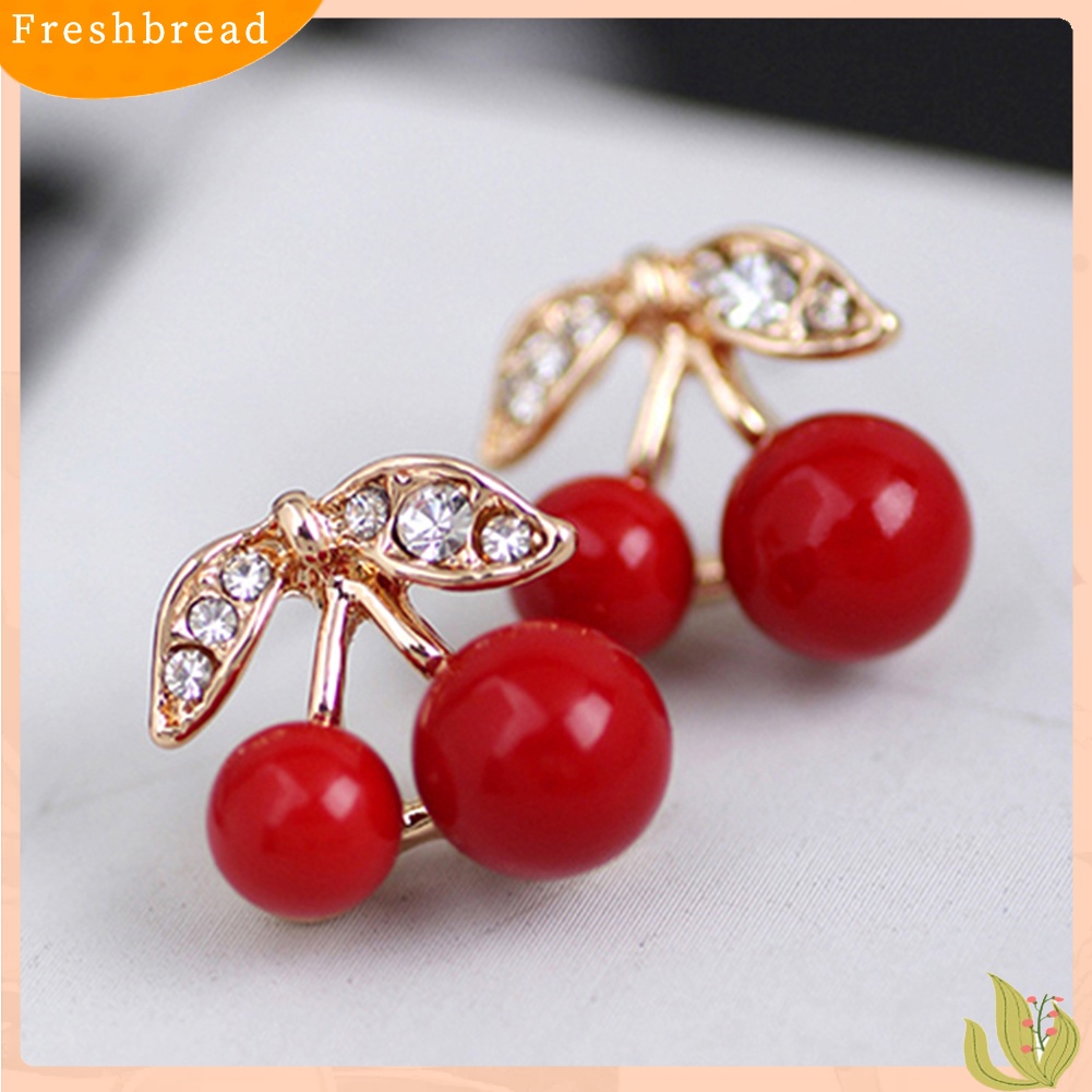 {In Stock} Wanita Merah Cherry Bening Berlian Imitasi Telinga Studs Beads Golden Alloy Leaves Earrings