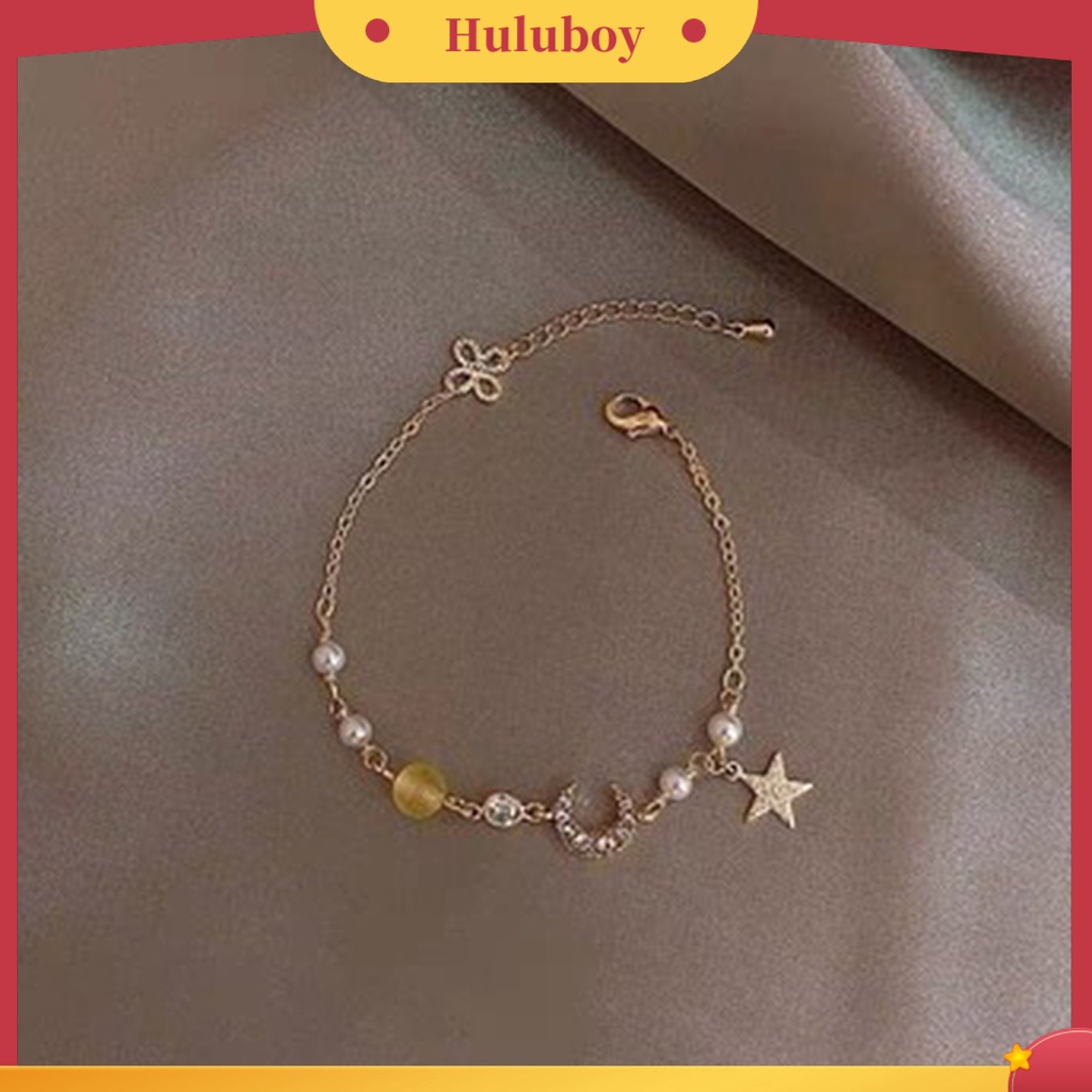 {Ready Stock} Sweet Star Faux Pearl Moon Beads Gelang Rantai Alloy Adjustable Untuk Anniversary