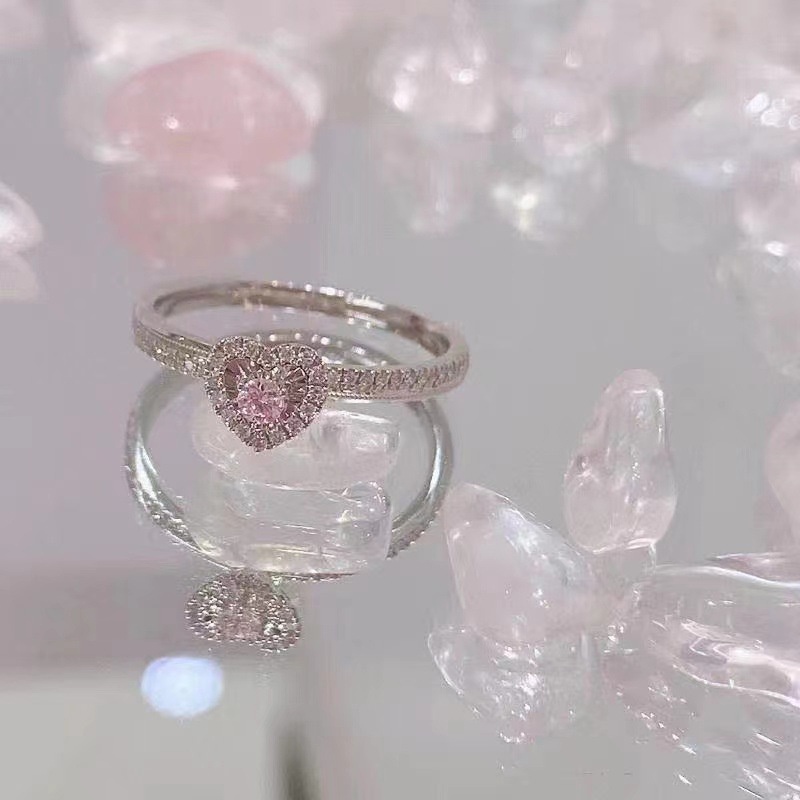 Wanita Fashion Merah Muda Jantung Cincin Zirkon Berlian Imitasi Cincin