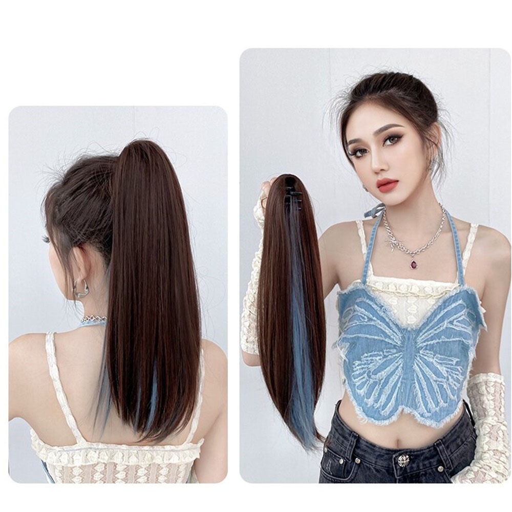 1pcs Wig Ekstensi Rambut Ponytail Panjang Lurus Tinggi Highlight Untuk Wanita Warna Biru Kabut Dengan Ponytail Claw Clip 50cm