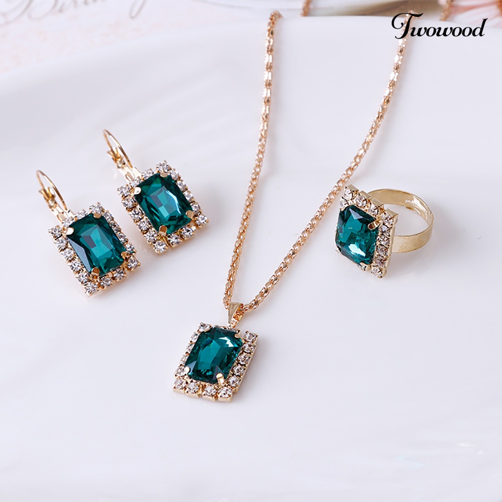 Twowood Fashion Set Perhiasan Wanita Perjamuan Pesta Pernikahan Kalung Anting Cincin Jari