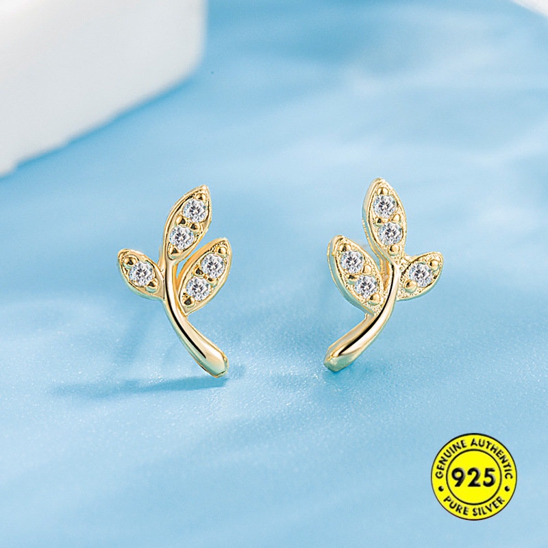 S925 Perak Jarum Ringan Mewah Halus Manik-Set Berlian Daun-Shapepd Stud Earrings Wanita U1205