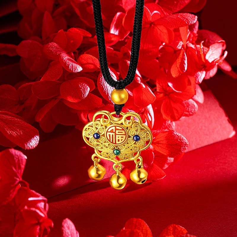 Goldkingdom Perhiasan Fashion 24 K Bangkok Aksesoris Ready Stock Lonceng Angin Cina Panjang Umur Lock Liontin Enamel Bakar Biru Fu Karakter Bayi Lock Kalung Safe Lock