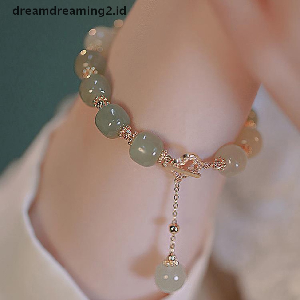 (hot) Vintage Cahaya Imitasi Hetian Jade Beaded Charm Gelang Pesta Santai Mutiara Zirkon Perhiasan Fashion Untuk Wanita Hadiah//
