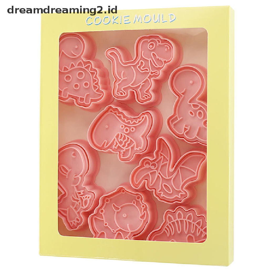 (hot) 8pcs/set Kartun Dinosaurus Cookie Pemotong 3D Plastik Pressable Biskuit Cetakan Cookie Stamp Dapur Baking Pastry Bakeware Alat Perlengkapan Baking DIY//