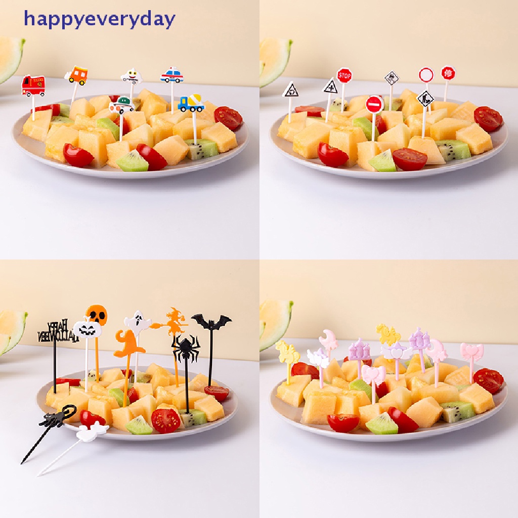 [happy] 6per8/10pcs Garpu Buah Kastil Mobil Kartun Dessert Bento Dekorasi Pesta [ID]