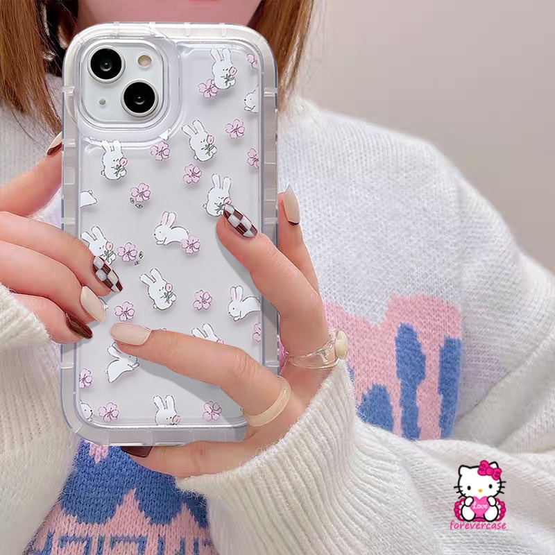 IPHONE Ins Bunga Segar Lucu Kartun Kelinci Case Kompatibel Untuk Iphone11 13 12 14 Pro MAX XR 6 6S Plus 7Plus 8Plus XS X MAX Airbag Shockproof Transparan Lembut Kawaii Phone Shell Case