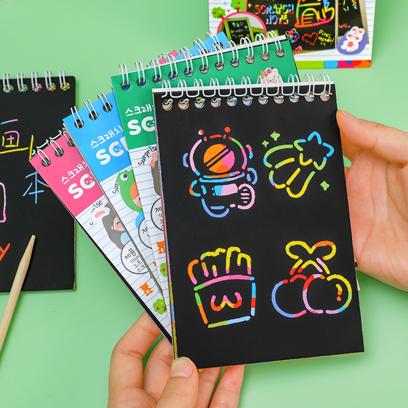 10lembar Kartun Colorful Doodle Buku Sketsa Anak Pad Garukan Dua Sisi Dengan Pena Bambu