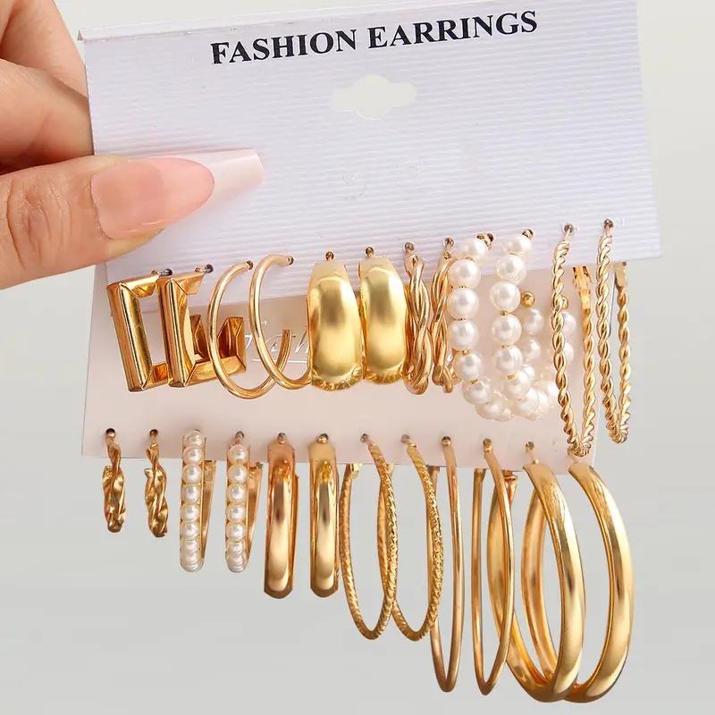 Set Anting Hoop Mutiara Emas Mewah Untuk Wanita Hypoallergenic Fashion Geometris Stud Earrings Perhiasan Aksesoris