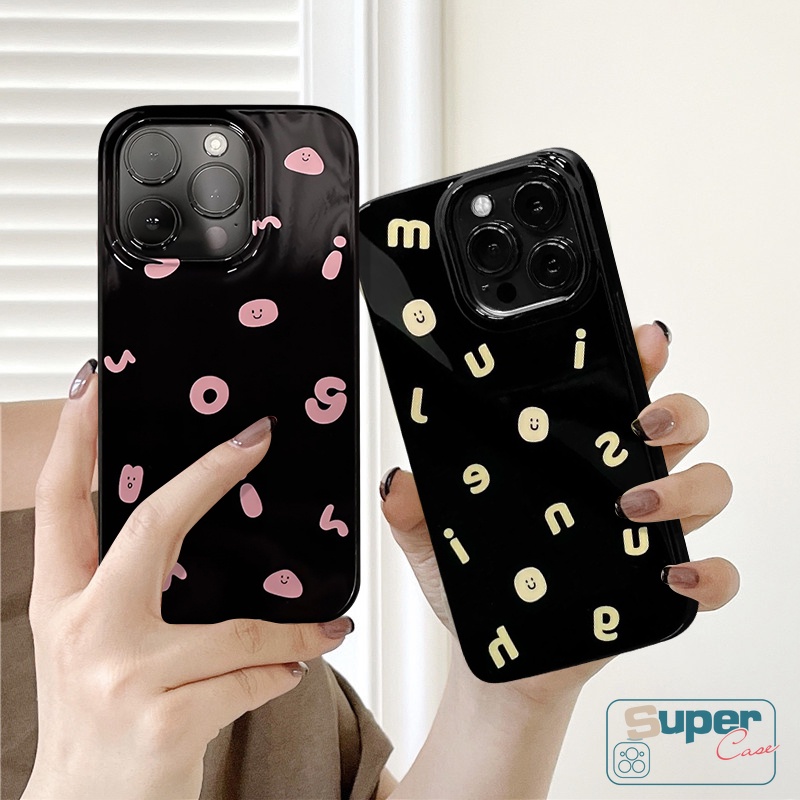 IPHONE Ins Fashion Cute Smiley Halus Case Kompatibel Untuk Iphone8 7plus XR 13 11 14 12 Pro Max X XS Max SE 2020 Alfabet Sederhana Glossy Lembut Tpu Silicon Pasangan Ponsel Case