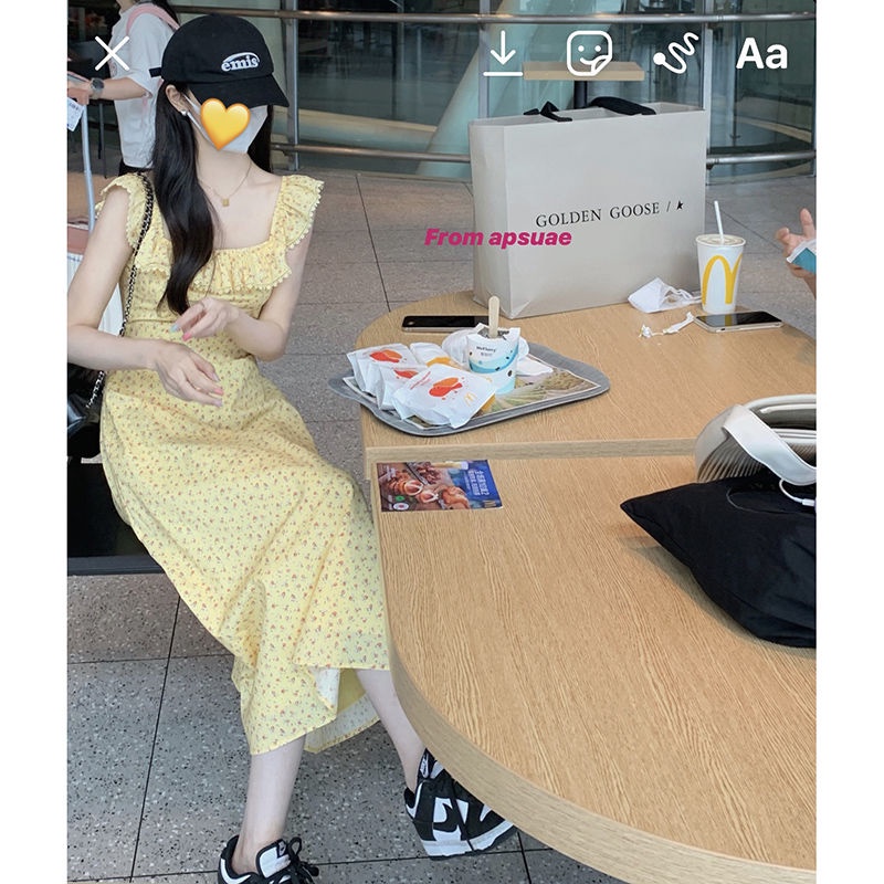 Red 2022 musim panas baru gaya Korea gaun wanita angin lembut tanpa lengan bunga kerah persegi ramping panjang rok a-line wanita