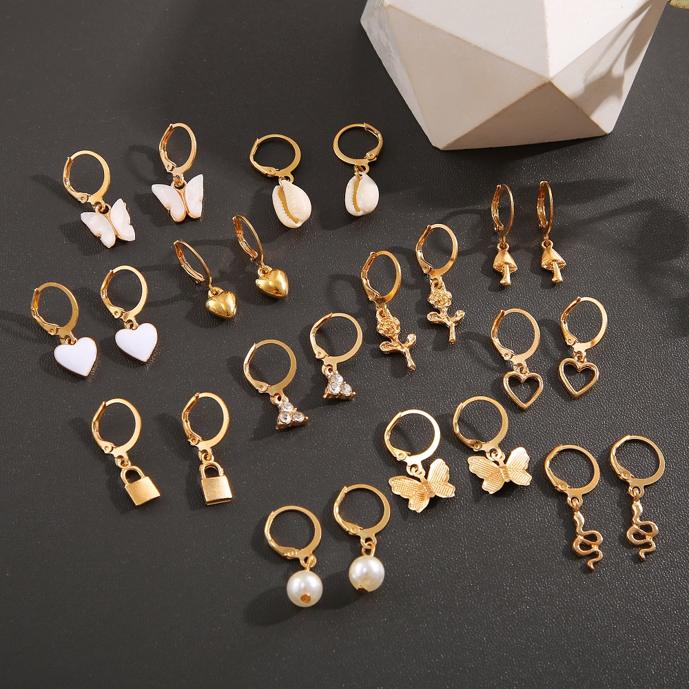 Yeezii 12pasang/set Ular Kupu-Kupu Jamur Lock Hoop Earrings Emas Zirkon Mutiara Drop Oil Shell Earring Untuk Wanita Aksesoris Perhiasan