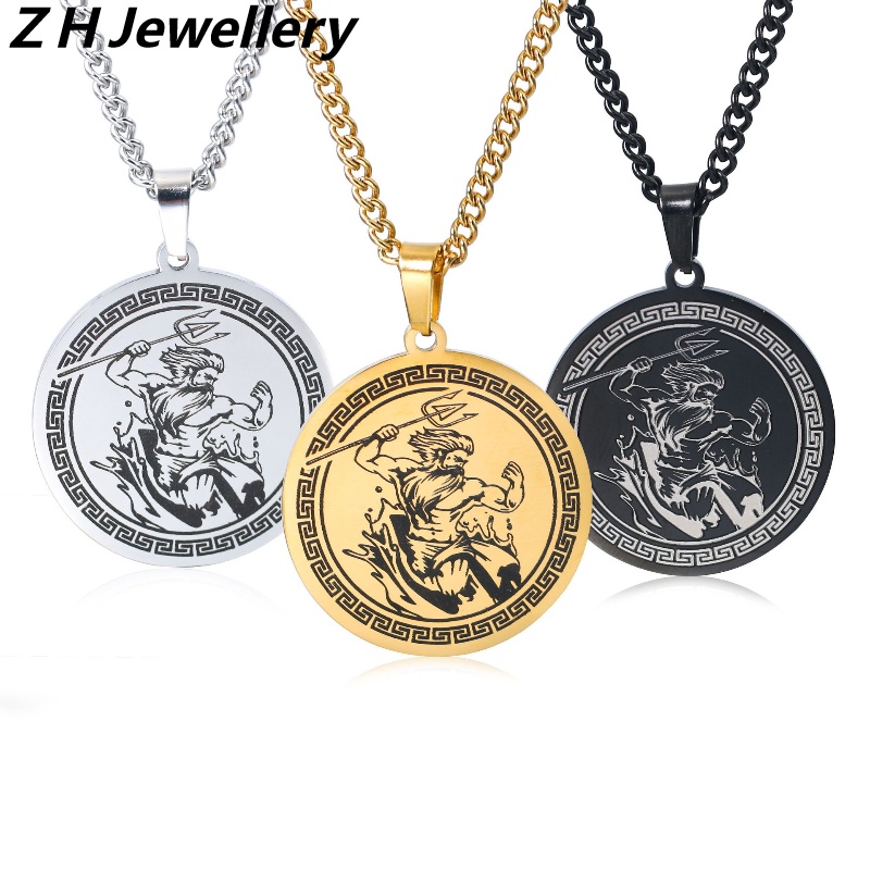 Z H Perhiasan Hip Hop Rock Stainless Steel Mitologi Yunani Kuno Poseidon Liontin Untuk Pria Dan Wanita Fashion Baja Titanium Kalung Retro Punk Aksesoris Pesta