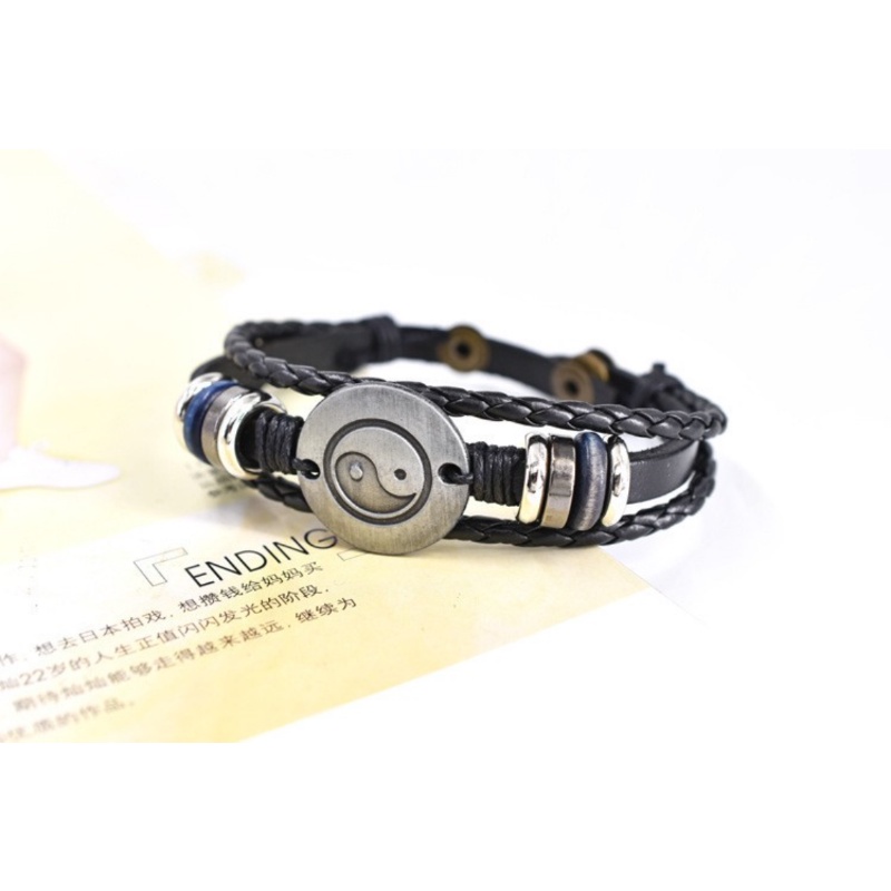 [X C Gelang] Baru Tai Chi Bagua Gelang Kulit Hitam Vintage Hip Hop Punk Gelang Kulit Lengan Manik-Manik Multilayer Zinc Alloy Anyaman Gelang