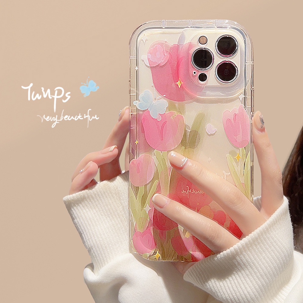 IPHONE Ins Pink Tulips Case Silikon Untuk Iphone14 11 12 13 PRO MAX Casing Cover Pelindung AT0143